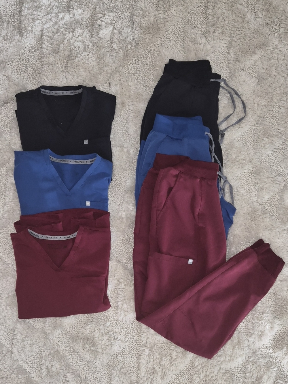 Fabletics 3 ALL Small Women's Jogger Scrub Sets - Burgundy, Blue, Black